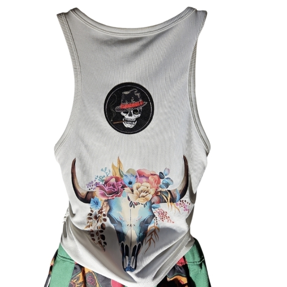 Skull Floral Racerback Tank Top Handmade Size Large - Picture 5 of 17